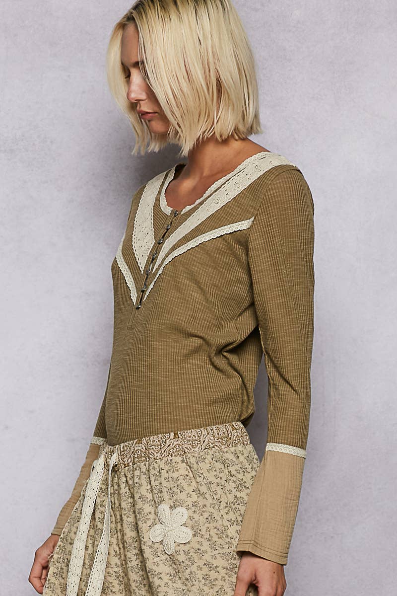 Double Gauze Long Sleeve Rib Top | Olive