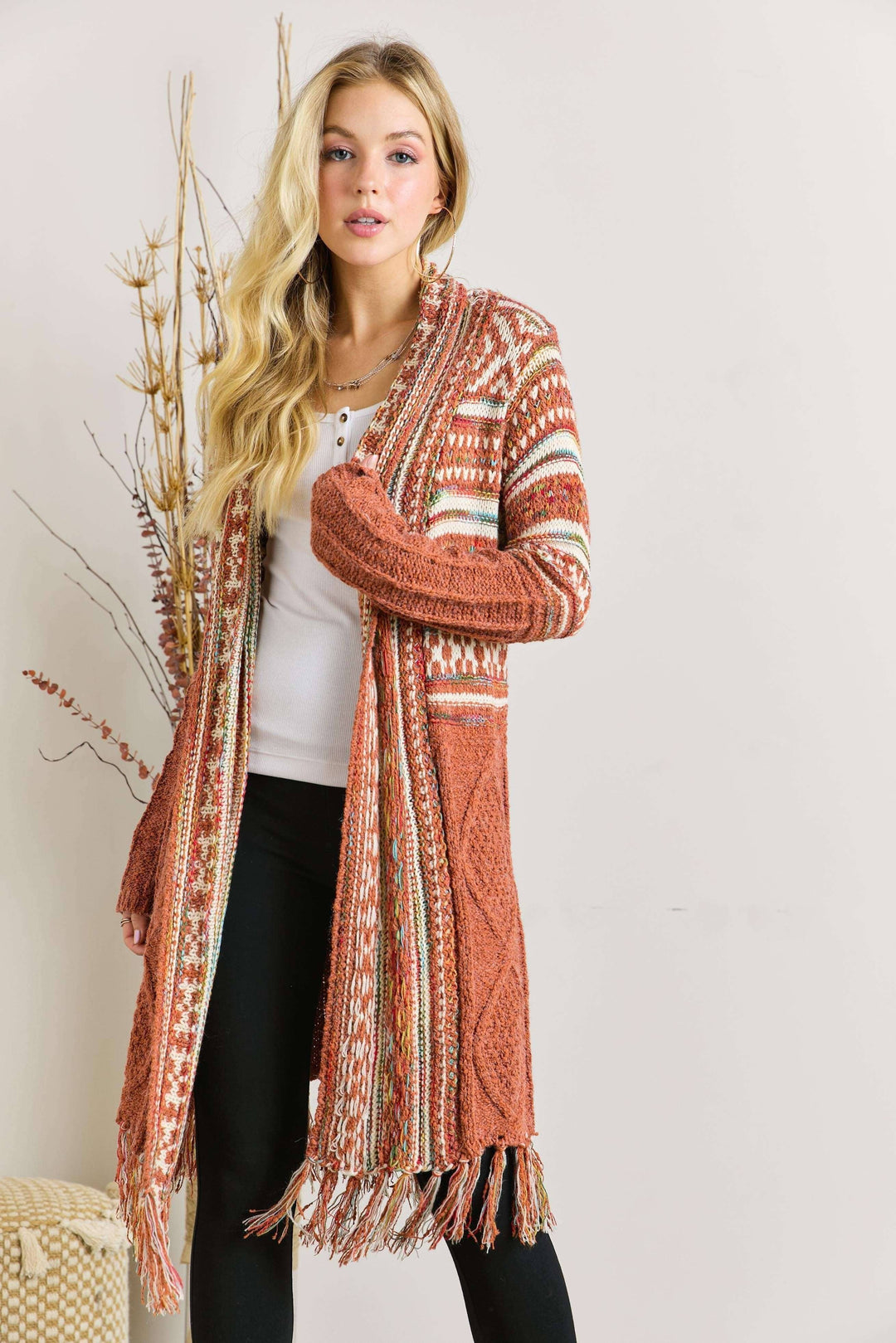 Fringe Hem Aztec Cardigan | Rust