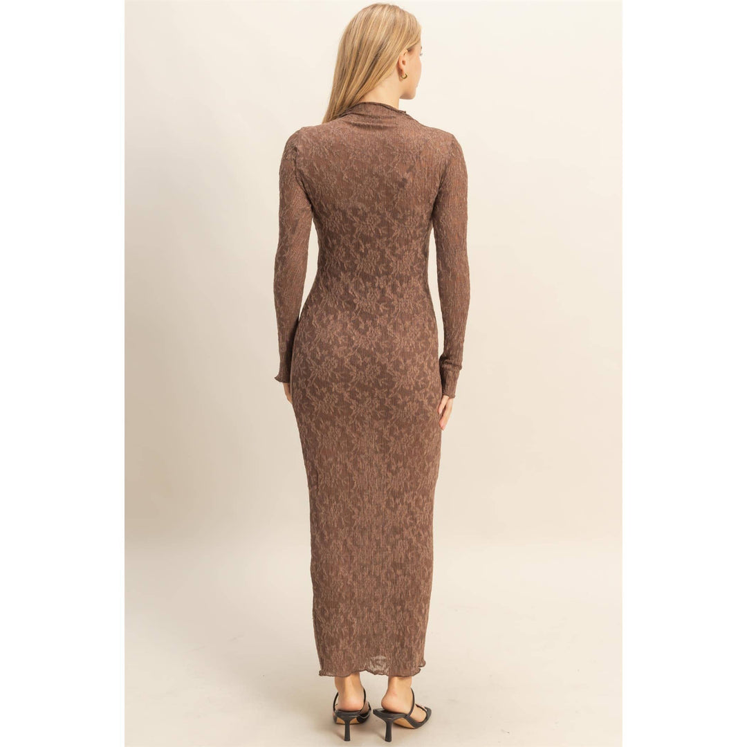 Sleek Long Sleeve Mock Neck Lace Maxi Dress