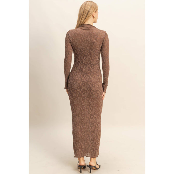 Sleek Long Sleeve Mock Neck Lace Maxi Dress
