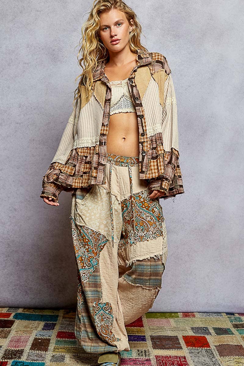 Patchwork Plaid Knit Shacket | Almond