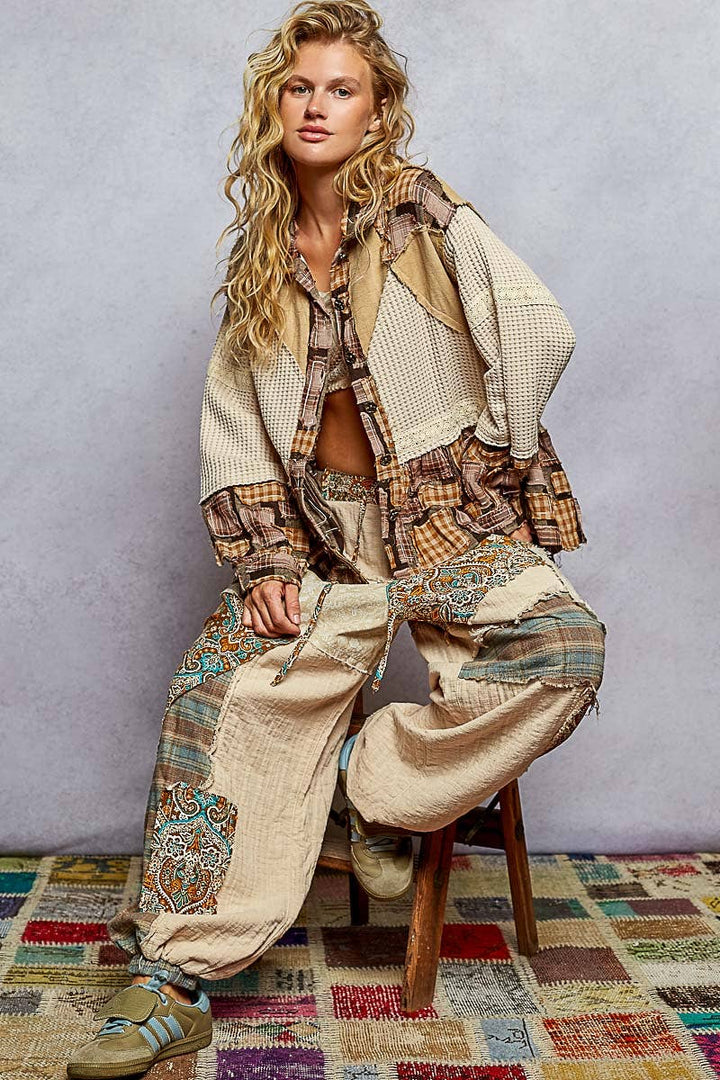 Patchwork Plaid Knit Shacket | Almond