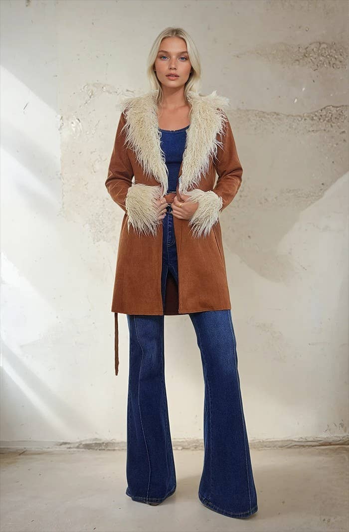 Penny Lane Faux Suede Fur Trim Coat