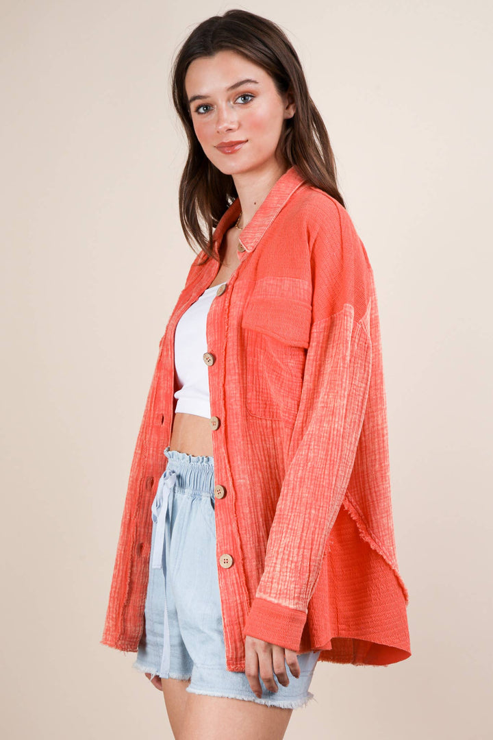 Mineral Washed Oversized Gauze Shacket | Coral