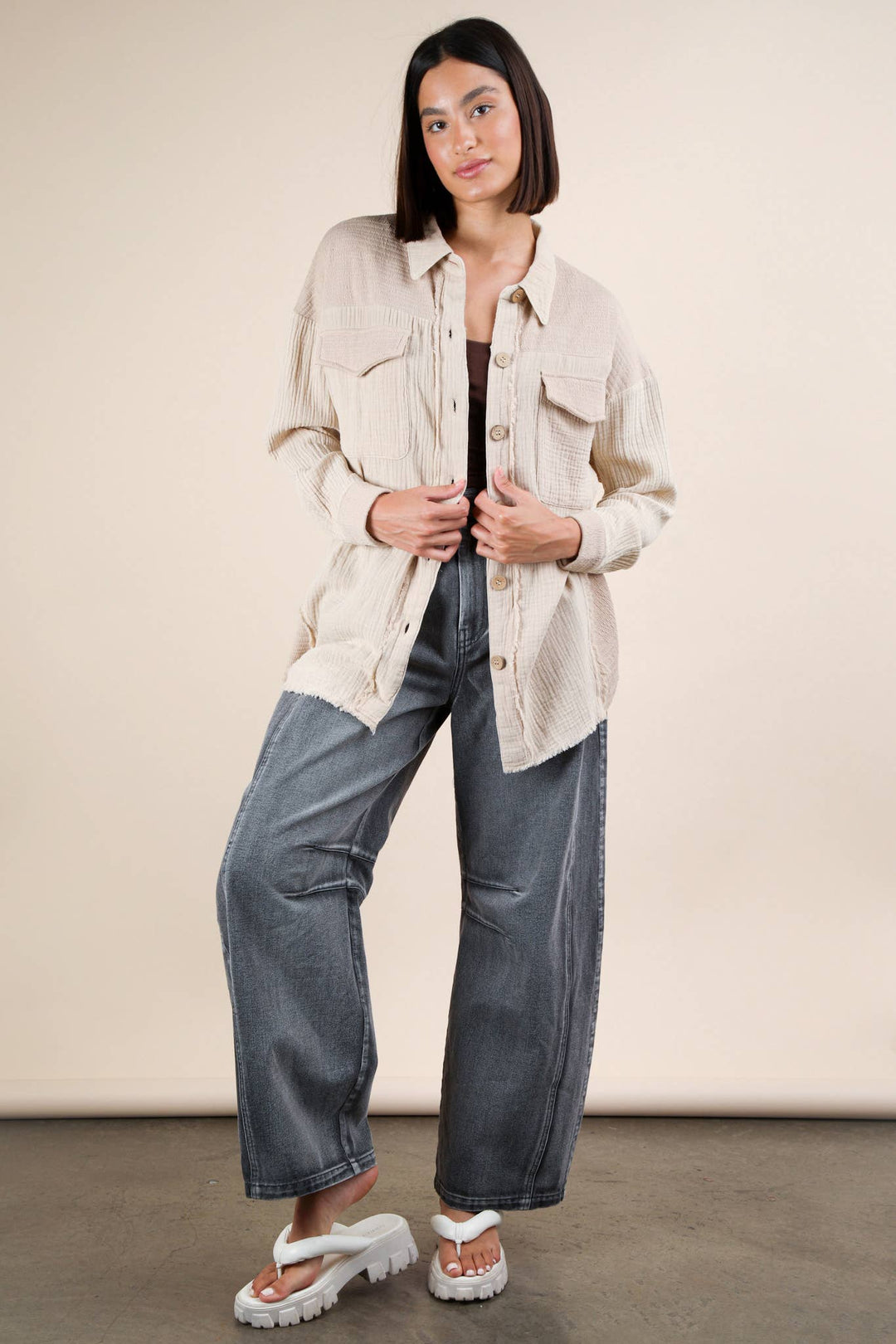 Mineral Washed Oversized Gauze Shacket | Taupe