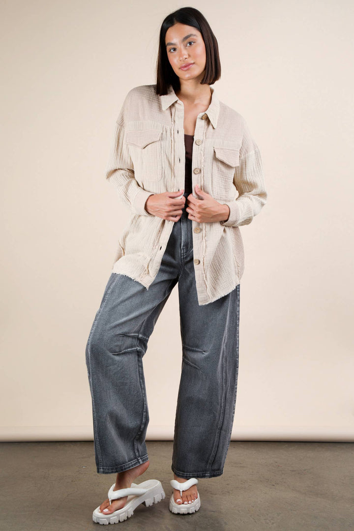 Mineral Washed Oversized Gauze Shacket | Taupe
