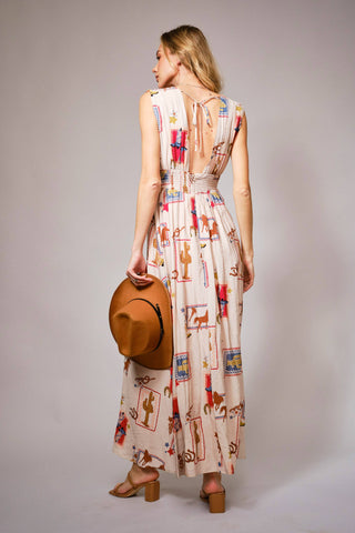 Western Motif Tie-Front Maxi Dress