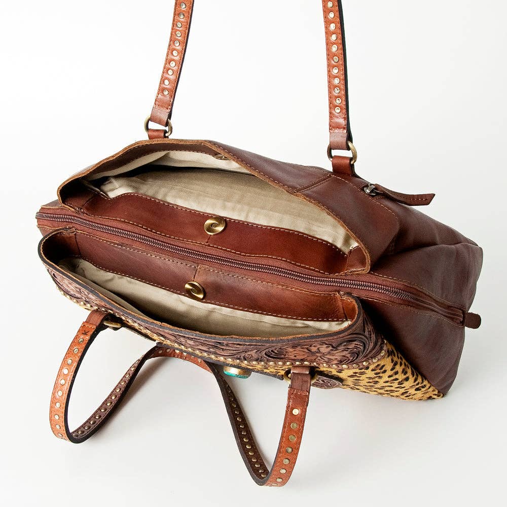 Leopard Print Hair-On Cowhide & Tooled Leather Bag