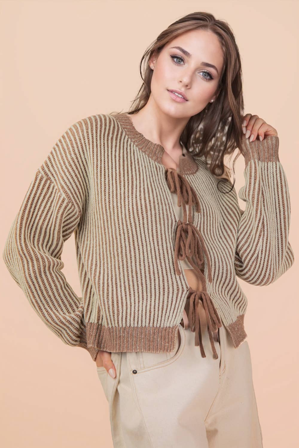 Front Tie Two Tone Knit Cardigan | Mocha