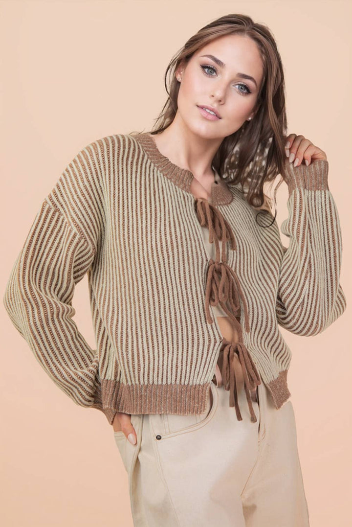 Front Tie Two Tone Knit Cardigan | Mocha