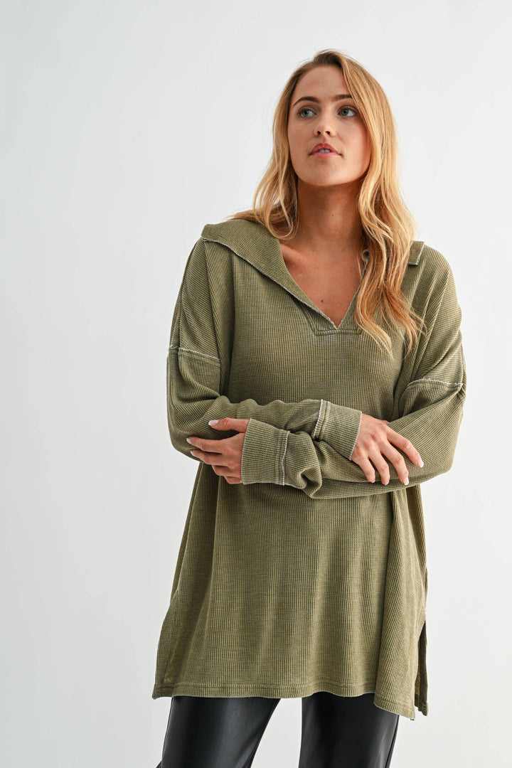 Waffle Knit Oversized Long Sleeve | Camo Green