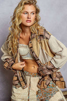 Patchwork Plaid Knit Shacket | Almond