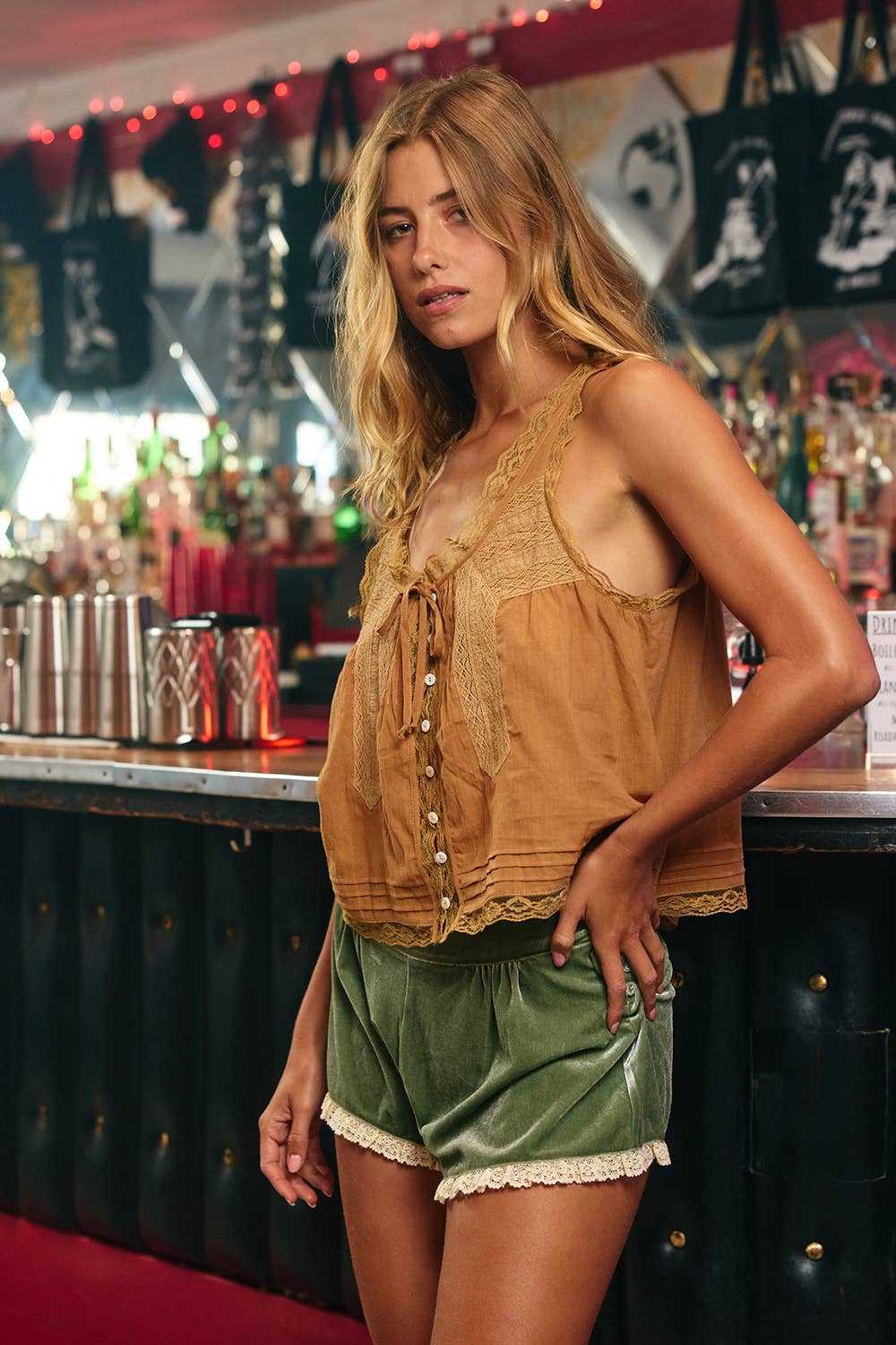 Front Lace Trimmed Top | Camel