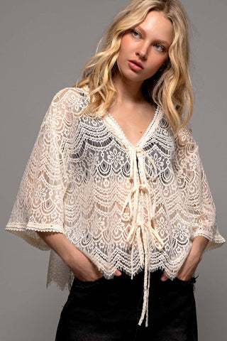 Scalloped Lace Bell Sleeve Tie-Front Top