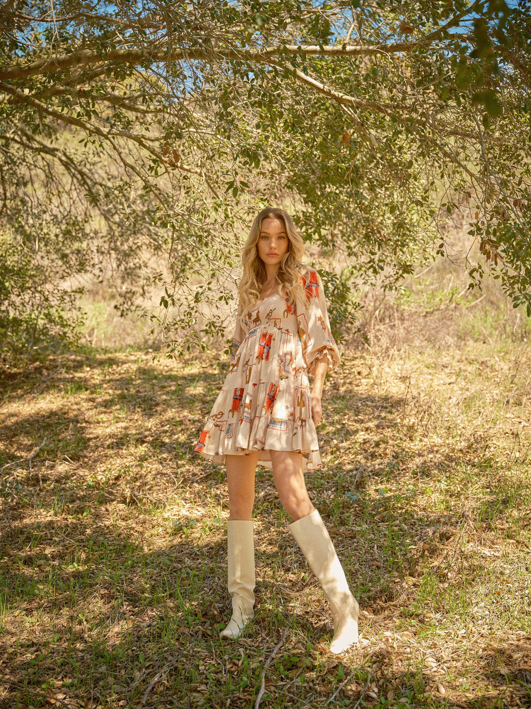Western Motif Smocked Mini Dress
