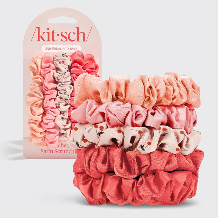 Ruched Satin Scrunchies 5pc Set | Cherries