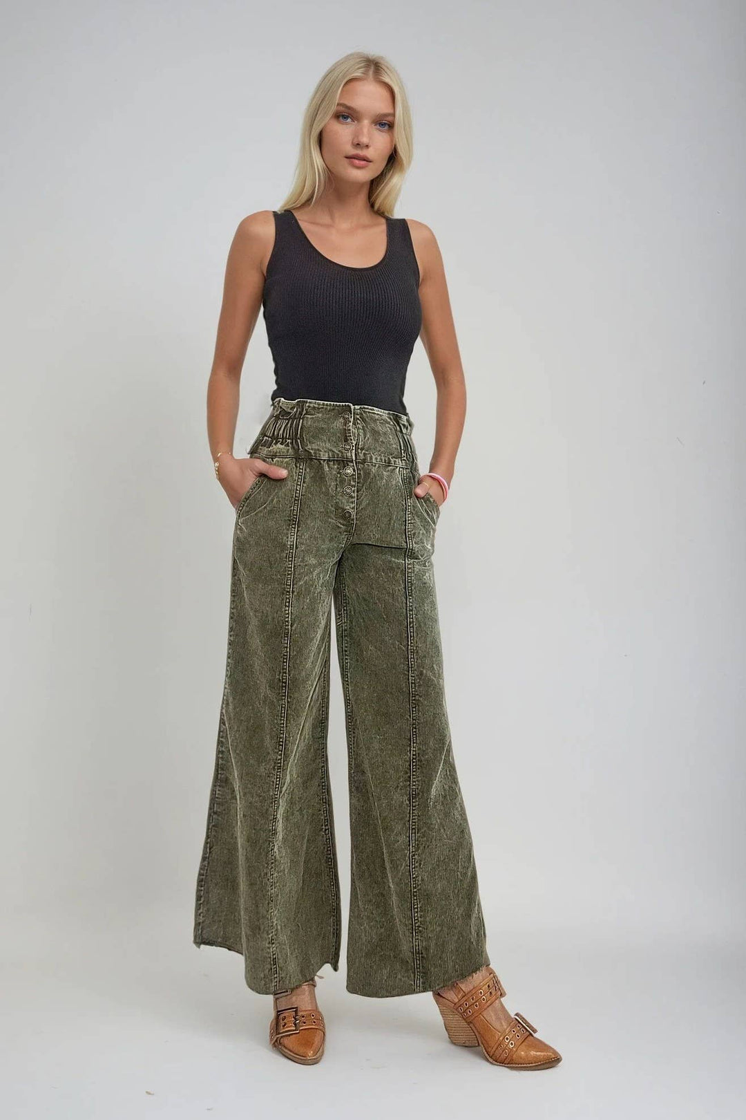 Distressed Corduroy Culotte Pants | Olive