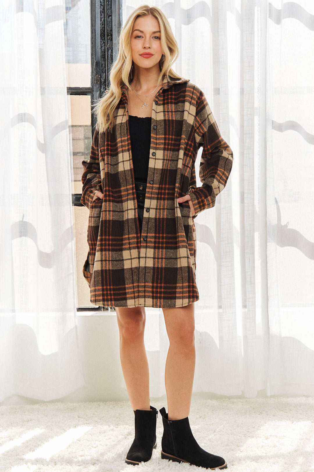 Button Down Flannel Shacket | Apricot & Brown