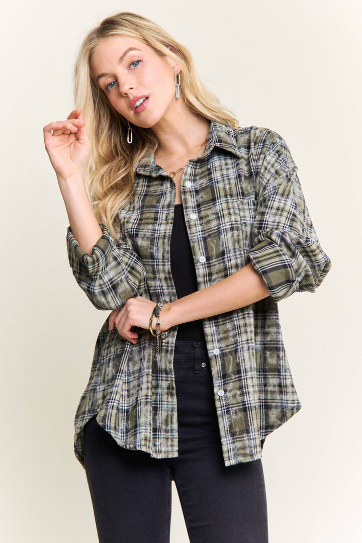 Burnout Plaid Washed Shirt |Olive